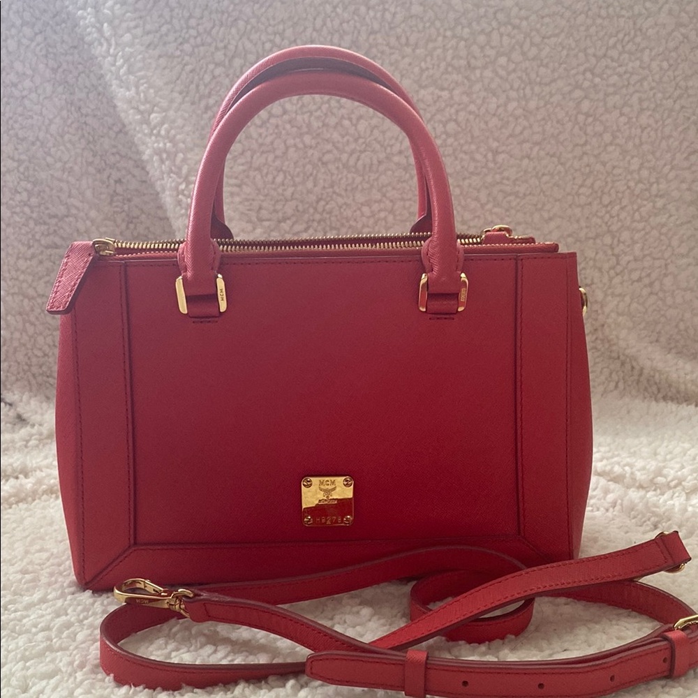 Mcm small Red/orange Satchel with Gold Hardware 2 way bag